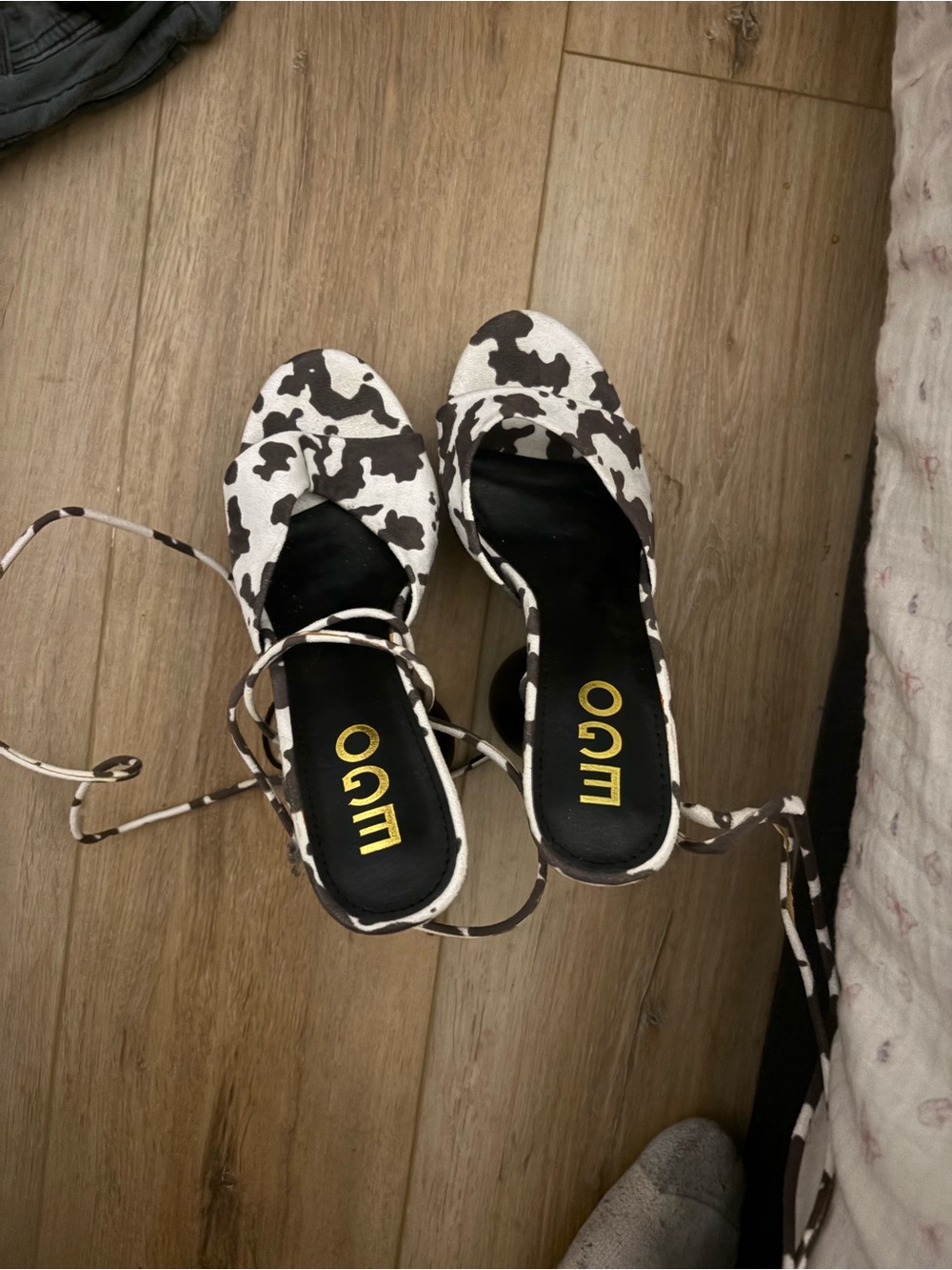 EGO Black and White Cow-Print Wrap Heels